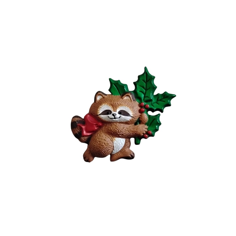 Vintage 1986 Hallmark Raccoon Holly Christmas Pin Brooch Brown Red Green